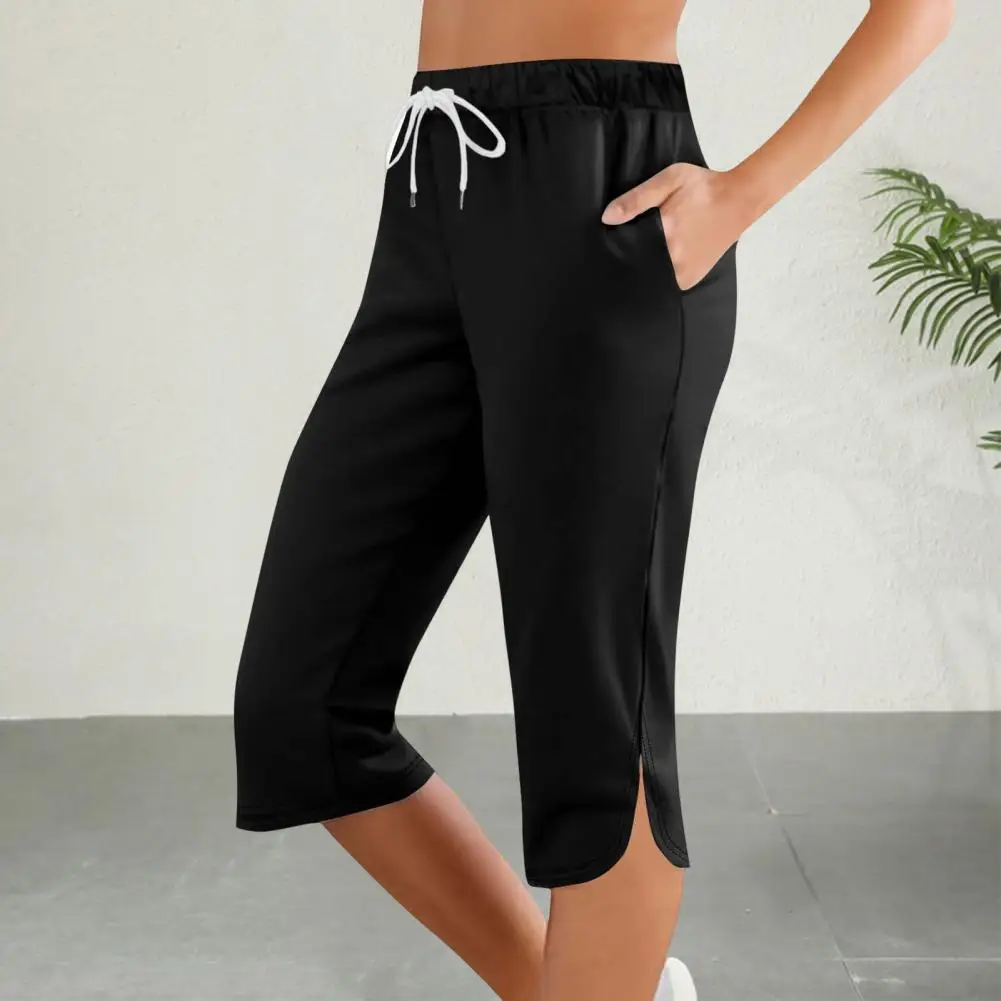 2026 Women Cropped Pants Elastic Waist Adjustable Drawstring Solid Color Mid-calf Length Pants with Pockets Daily Wear