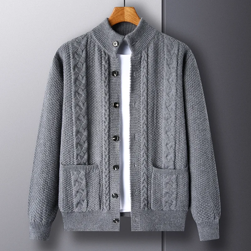 2024 Men's Autumn and Winter Thick Twist Knitwear Solid Color Jacquard Button Cardigan Sweater