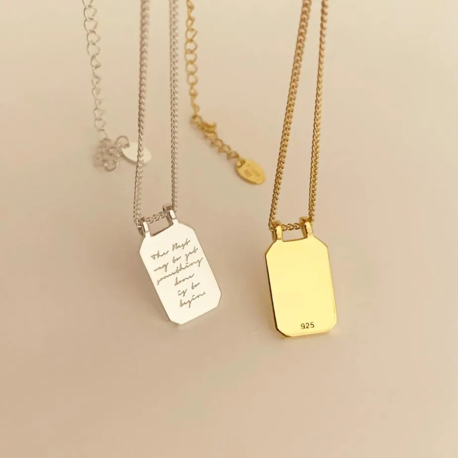 18K Gold INS Authentic 925 Sterling silver letters engraved Square Tag necklace Jewelry Friendship gift c-B1005