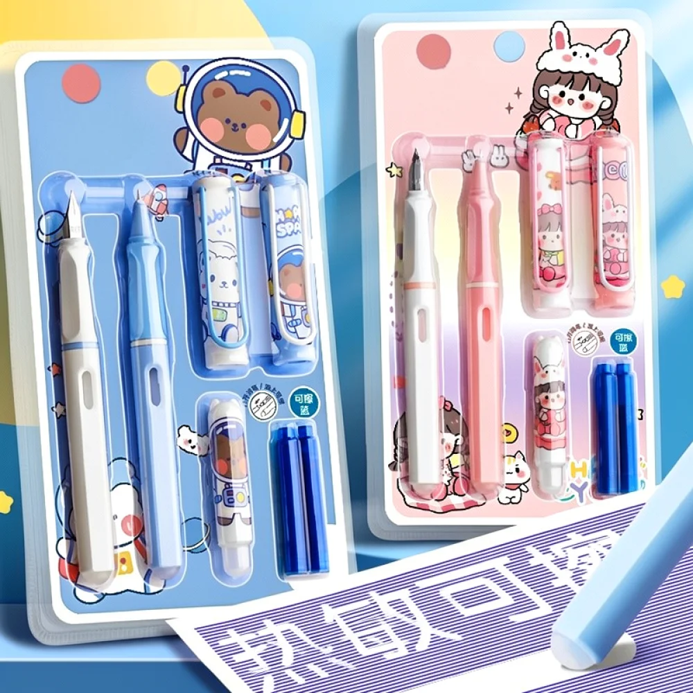 Truecolor Erasable Fountain Pen Set Student Writing Training Pen Corrective Grip Design Refillable Ink School Tools