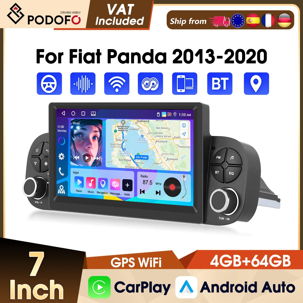 Autoradio Podofo 7 Pollici 2 DIN 4+64G Android per Fiat Panda 2013-2020 con Carplay Wireless, Android Auto, MirrorLink, 4G, GPS, WIFI