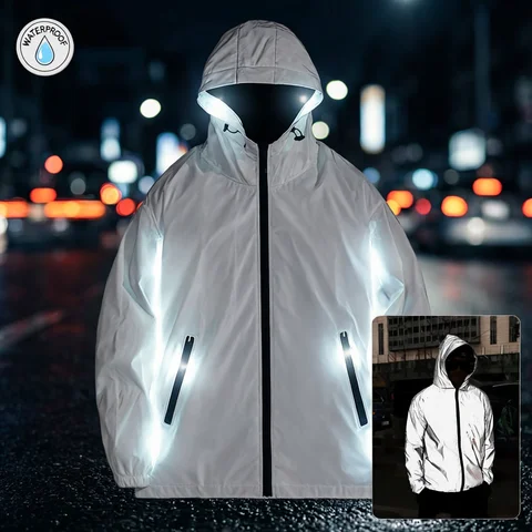 NEW SIZE Night Reflective Jackets Double Fabric Windbreaker Hooded Jacket Men Hip Hop Dancer Waterproof Zipper Coats Outwear