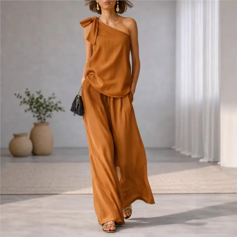

Sexy One Shoulder Tie Knot Top Wide Leg Pant Set Woman Fashion Solid Hollow Suit Two Piece Sleeveless Summer Vacation Outfit