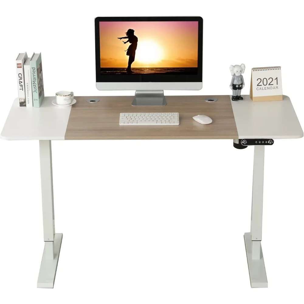 

Height Adjustable Electric Standing Desk, Sit to Stand Desk Home Office Computer Desk, 55 x 24 Oak and White Top, White Frame