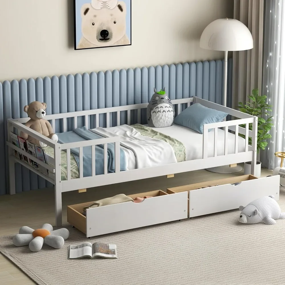 Wood Twin Kids Bed Frame with 2 Pull-Out Drawers & Side Shelf, Twin Bed Frame with Fence Railings