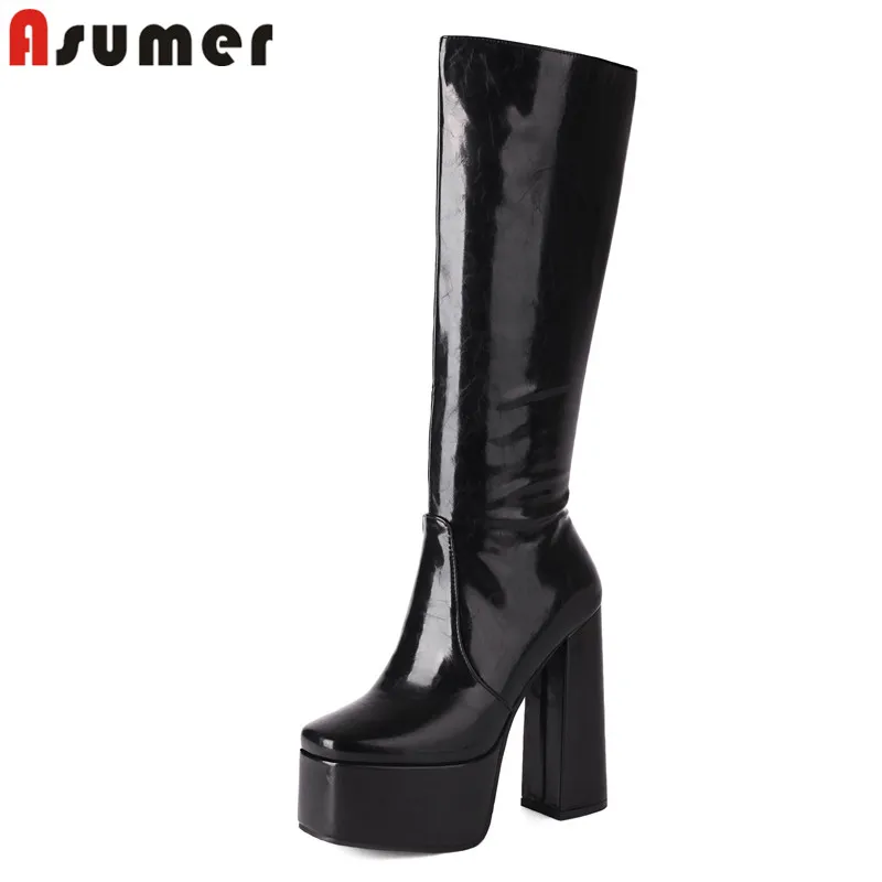 ASUMER Size 34-43 New Women Boots 14cm Chunky High Heels Sexy Knee High Boots Zipper Black Red Platform Booties Dance Shoes