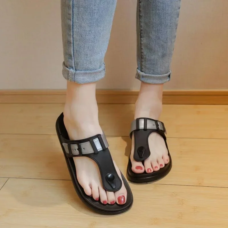 Sandalias de plataforma para mujer, zapatos suaves de punta redonda gruesa, chanclas abiertas para interiores Y el baño