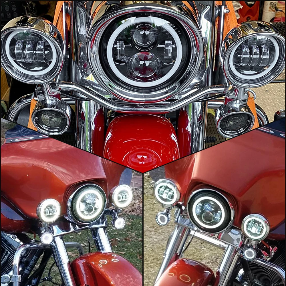 For Harley Touring Electra Glide Motorcycle 7 inch Moto LED Headlight with 4-1/2" 4.5inch LED Auxiliary Fog Passing Light Lamp view 5