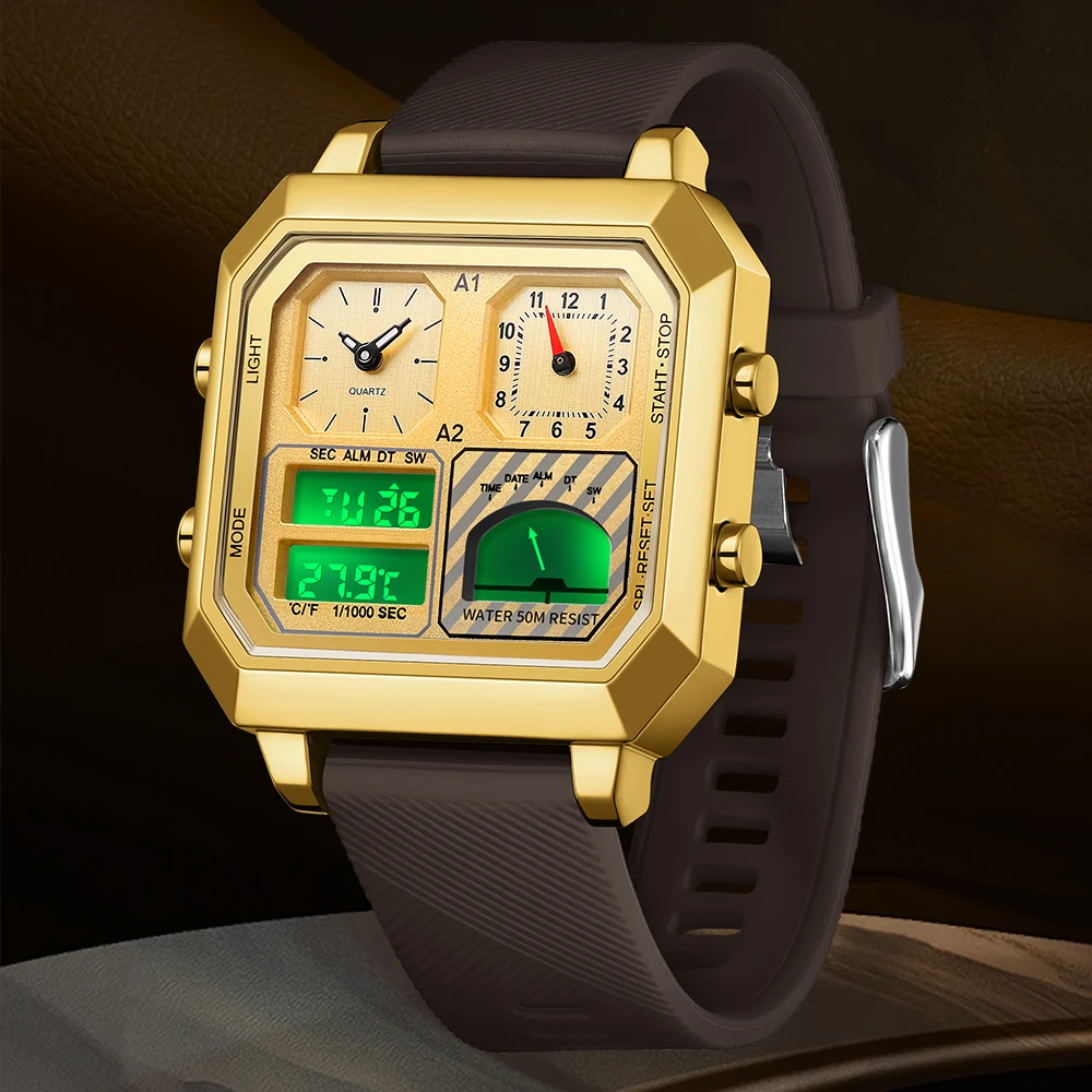 

2025 лучший бренд класса люкс из нержавеющей стали Chrono спортивные часы мужские подсветка двойной дисплей цифровые наручные часы 3 бар водонепроницаемые Reloj