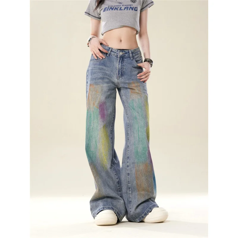 

American Retro High Street Loose Wide Leg Painted Jeans Women 2025 Best-Selling New Type Straight Slimming Blue Mop Trousers