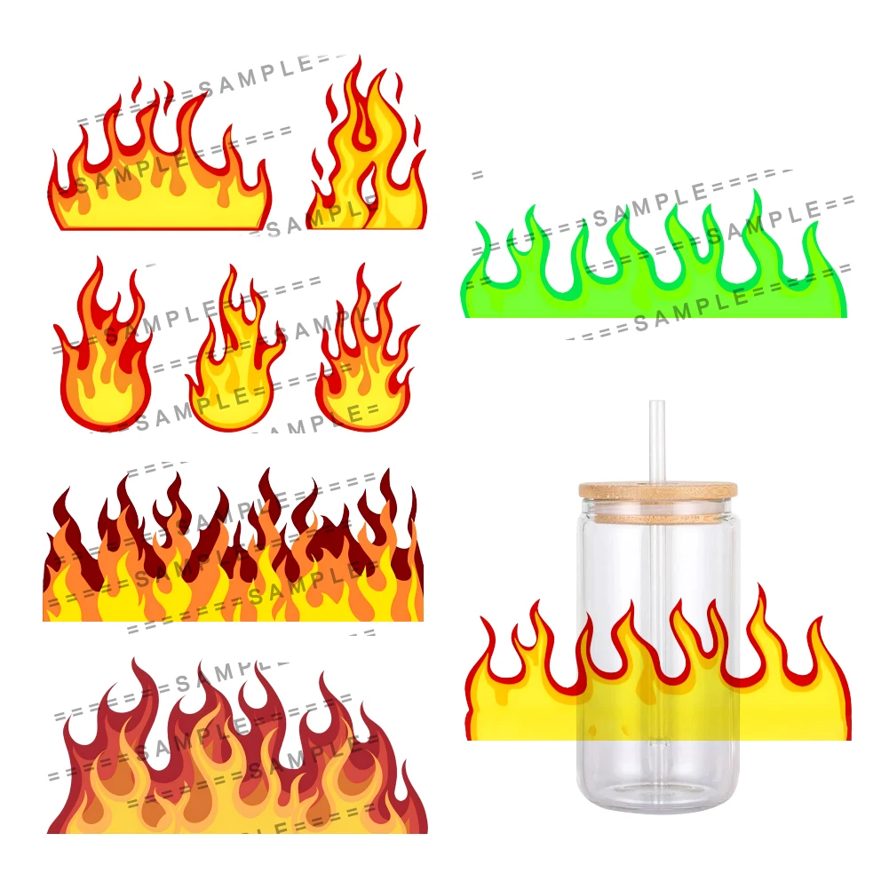 Colorful Hot Fire Flame Pattern UV DTF Transfer Sticker Waterproof Transfers Decals For 16oz Glass Cup Wrap Stickers