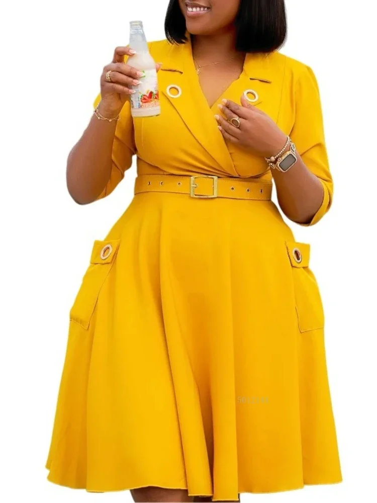 

S-3XL Plus Size African Dresses for Women Elegant 2026 Spring Autumn African Long Sleeve V-neck Polyester Midi Dresses Outfits