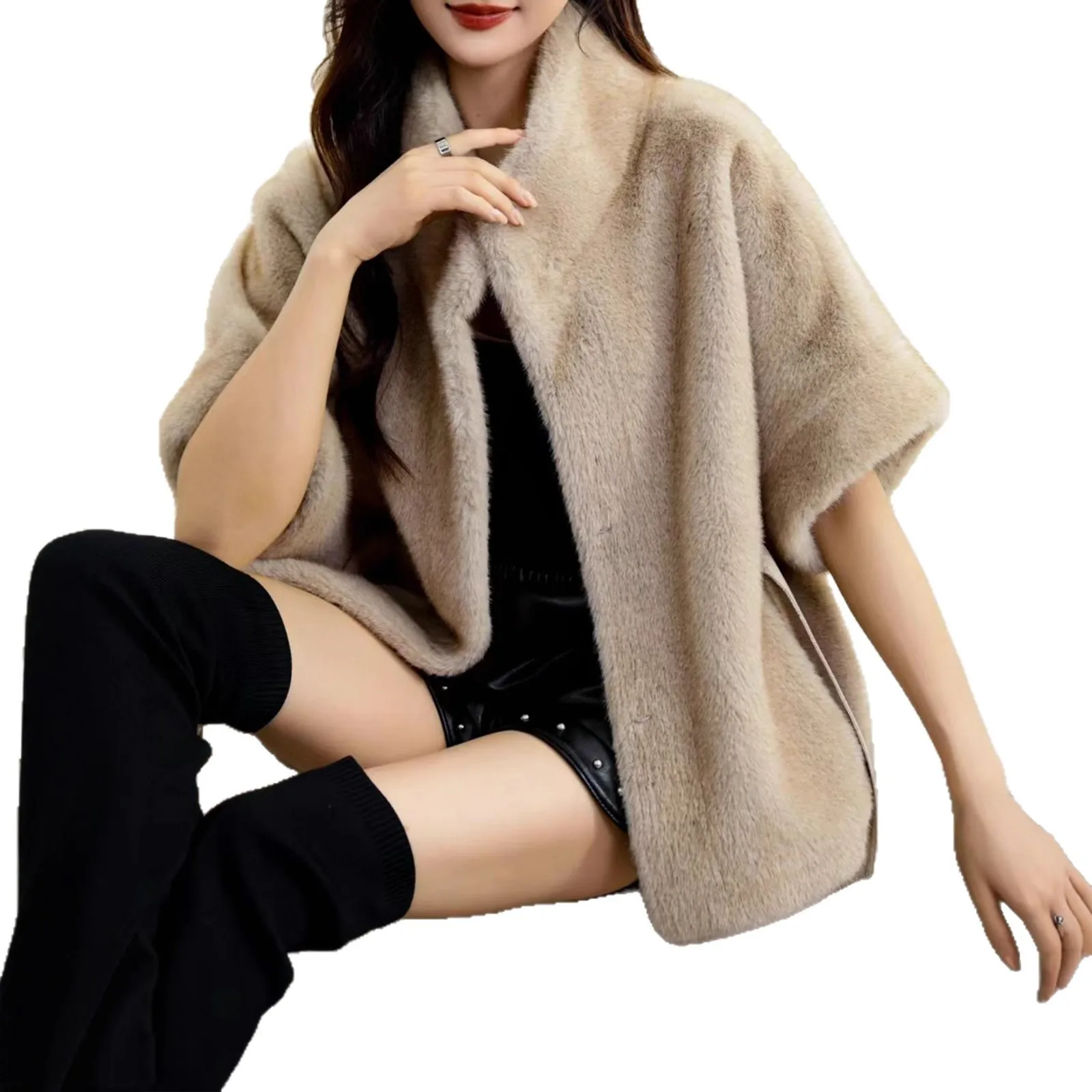 Mantel Bulu Imitasi Wanita Jaket Bulu Solid Fleece Kerah Tegak Berikat Tali Lengan Pendek Tebal Hangat Bulu Longgar Kasual Musim Gugur Musim Dingin 2025