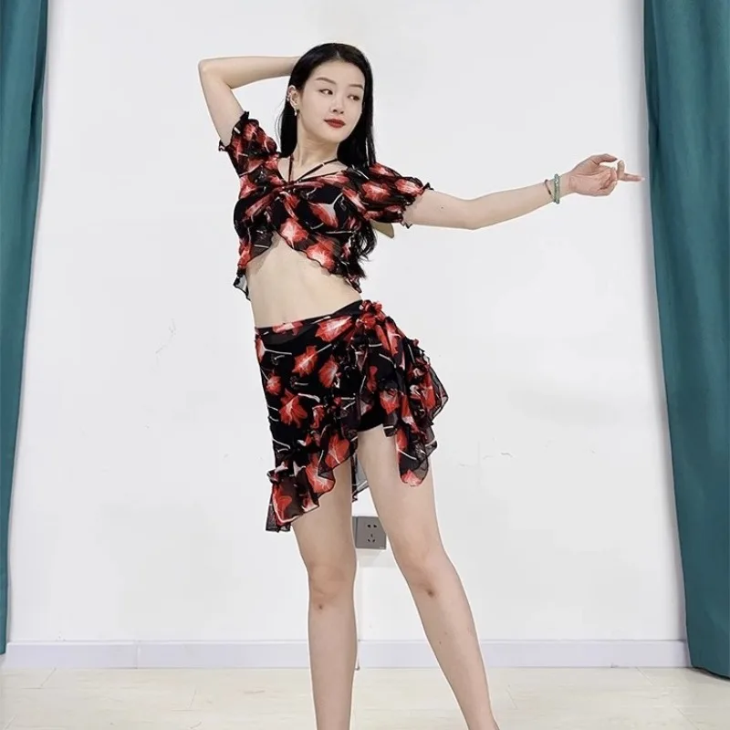 ที่กําหนดเอง Belly Dance ชุดพิมพ์ตาข่าย Drawstring Bubble Sleeve Top Tie ลูกไม้สะโพกผ้าพันคอกระโปรงน่ารักชุดเครื่องแต่งกาย Bellydance