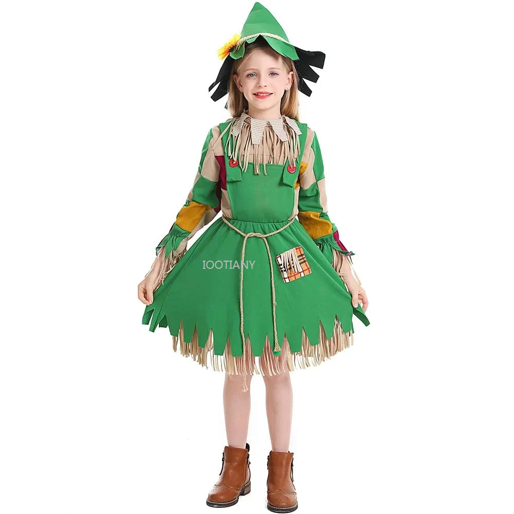 Green Fake Two Piece Halloween Girls Sunflower Puppet Dress Role Play Patch Straw Doll Set Carnival Tassel Children's Costume