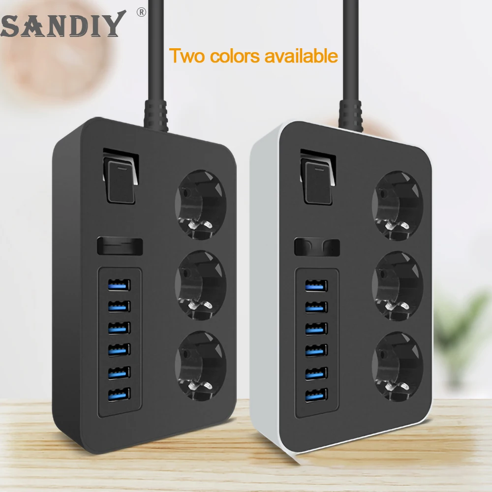 SANDIY EU Plug Power Strip with Extension Cable AC Electrical Sockets 5 USB Ports Fast Charing Network Filter for Home Office