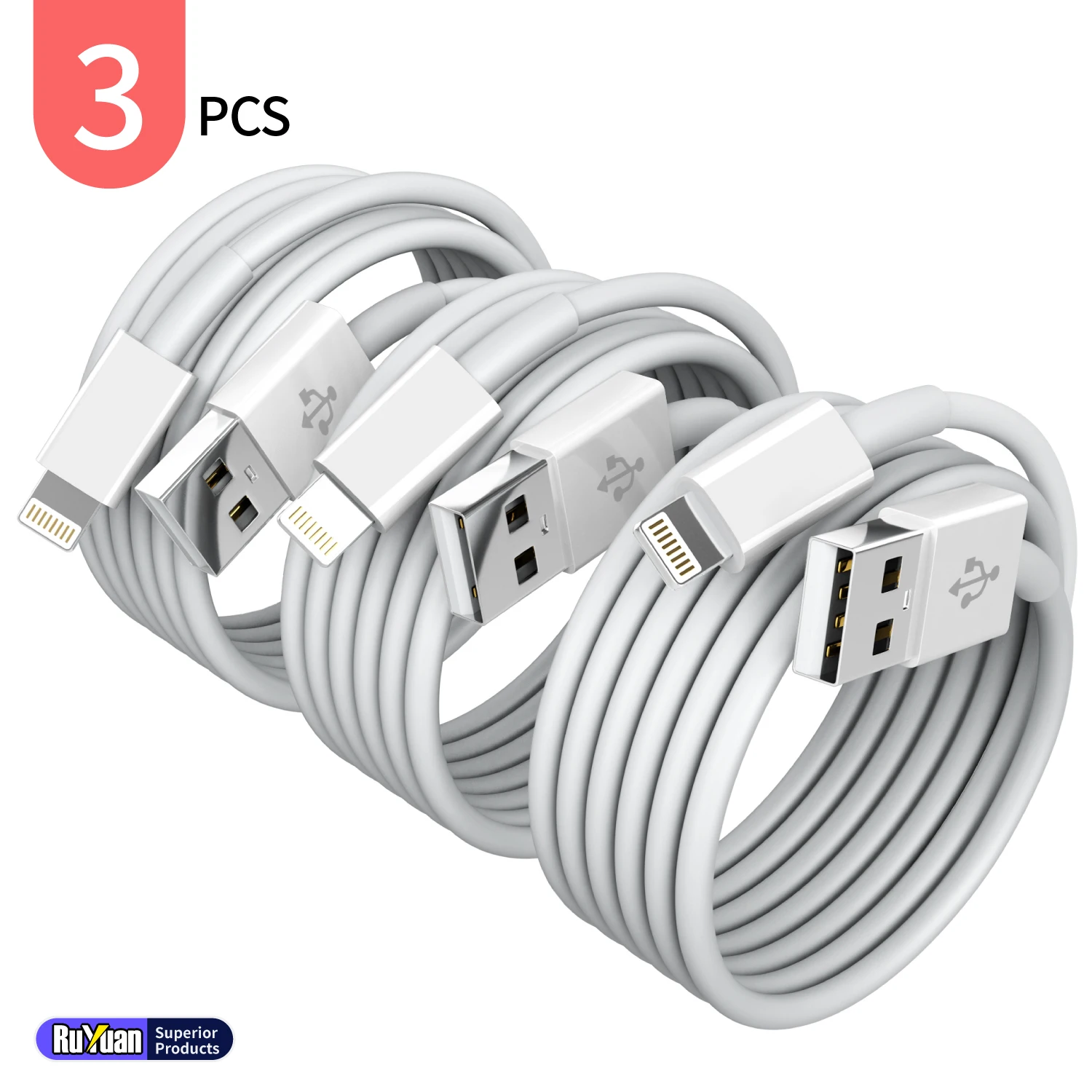 3er-Pack MFi-zertifizierte USB-A-zu-Lightning-Ladekabel, für iPhone 14 bis iPhone 8, iPad und AirPods, erhältlich in 1m / 2m / 3m Länge