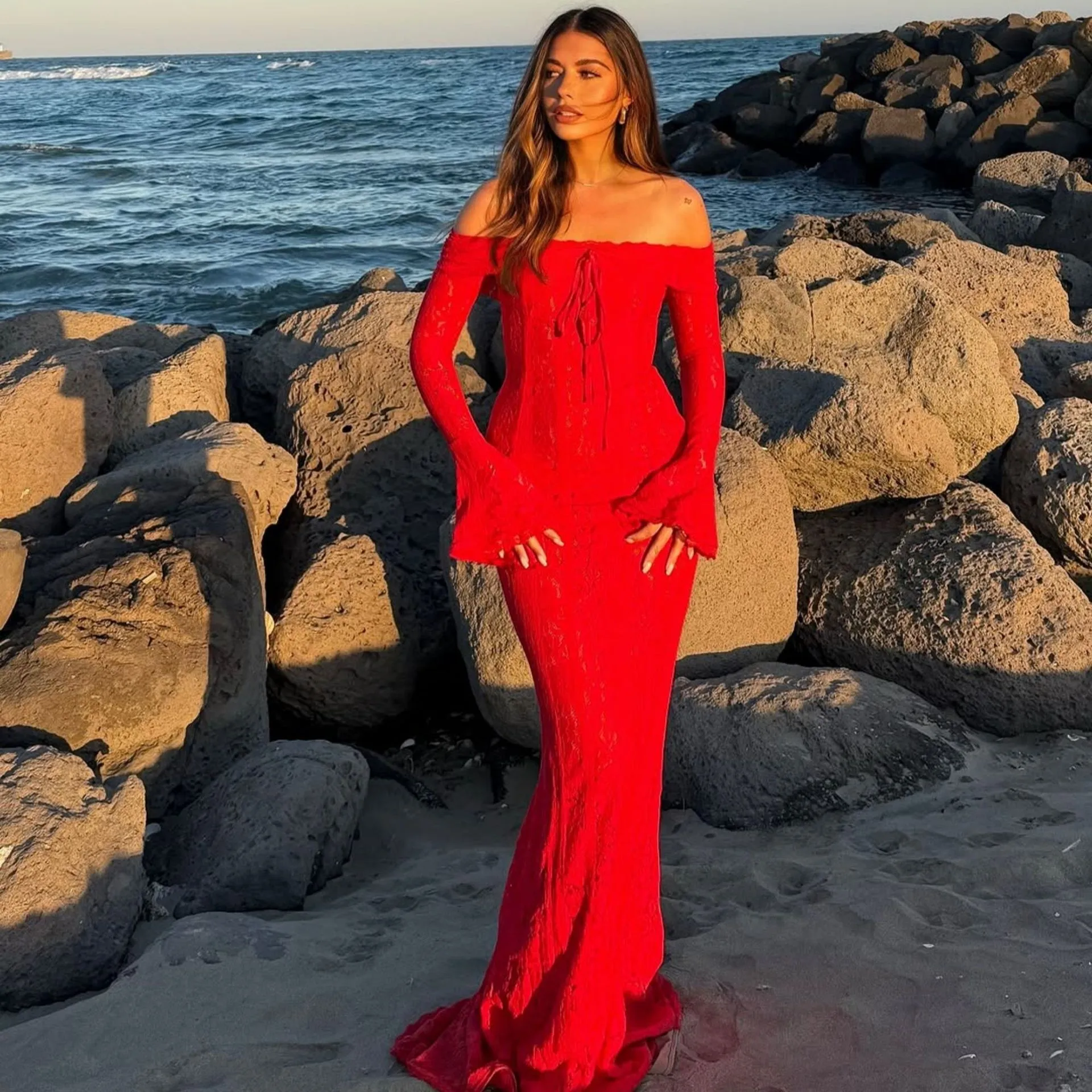 Women's Off Shoulder Long Flared Sleeve Lace Bodycon High Waist Dress for Wedding Guest Elegant Party Prom Wedding Party