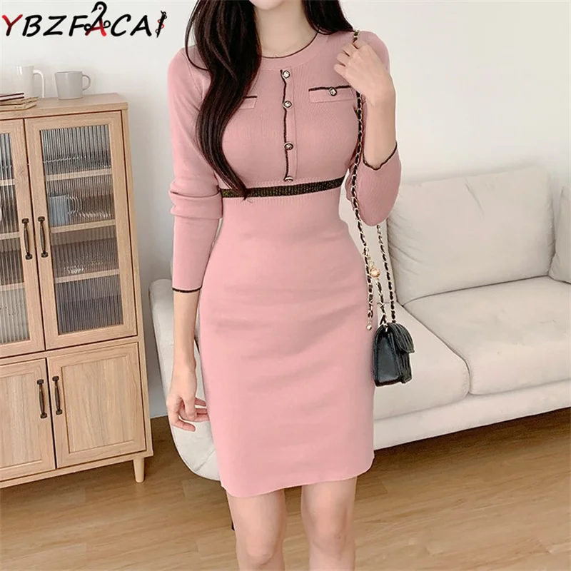 

Pink Knit Dress Korean O Neck Contrast Slim Long Sleeve Knit Bottoming Dress Fall Women Black Hip Dress Khaki Pullover Sweater