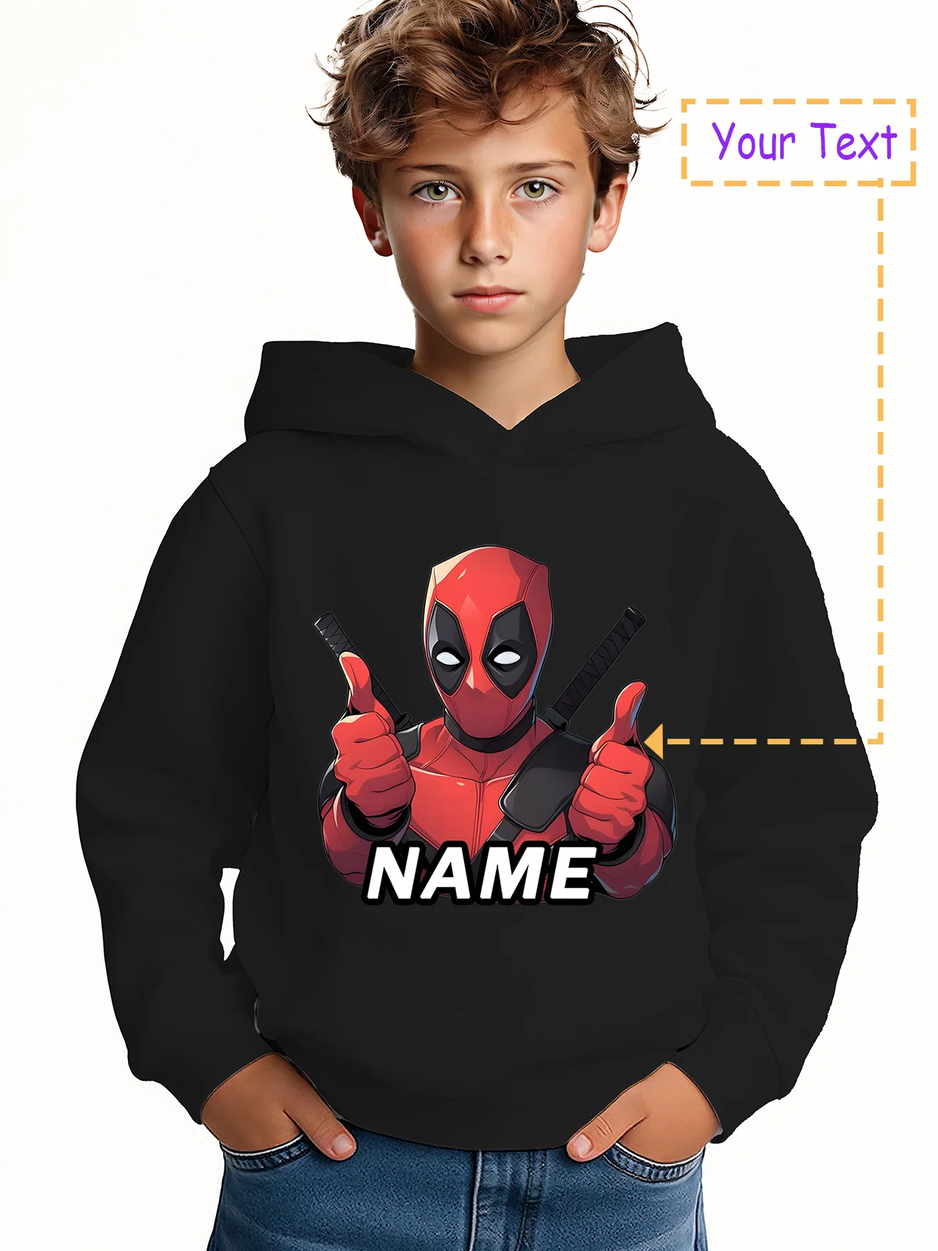 

MINISO Deadpool Funny Hoodie for Kids - Deadpool double likes. Fun and playful style. Perfect for everyday outings or gatherings