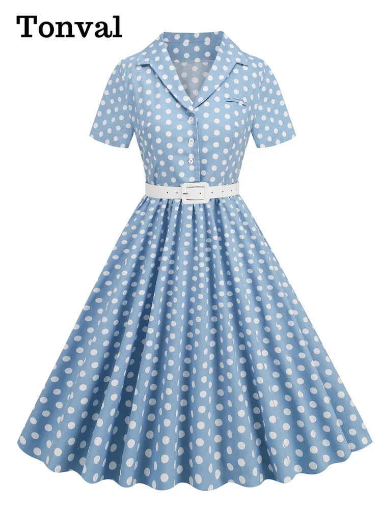 

Tonval Polka Dot 50s Pinup Robe Button Up Pleated Vintage Style Dress Women Elegant Belted Ladies Rockabilly Long Dresses