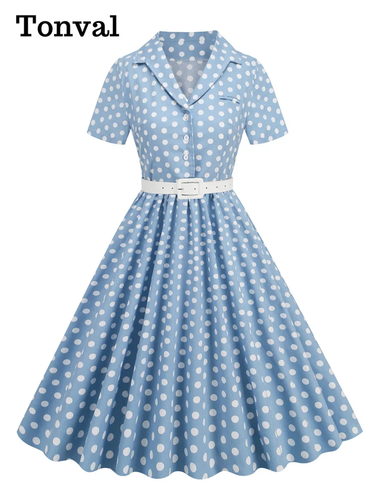 Tonval Polka Dot 50s Pinup Robe Button Up Pleated Vintage Style Dress Women Elegant Belted Ladies Rockabilly Long Dresses