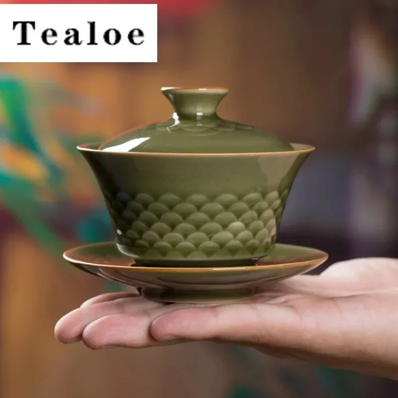 

100 мл ручной работы Longquan Celadon Hand Gaiwan Рыбья чешуя Три таланта Чайная варенья Чайная варенька Крышка Чаша Чайная церемония Подарок
