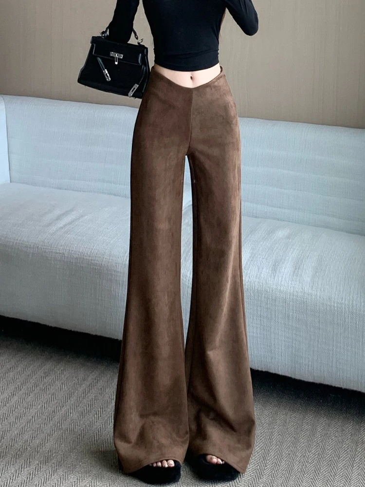 

Расклешенные брюки в стиле ретро, женские осенне-зимние повседневные брюки с мехом оленя, облегающие брюки длиной до пола с высокой талией