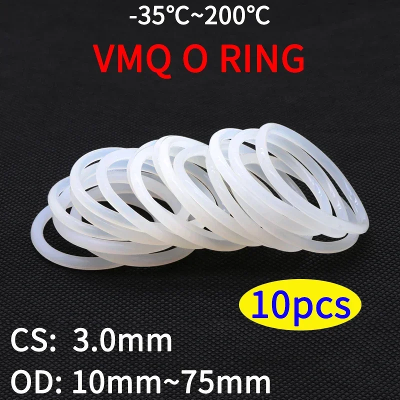 10pcs VMQ O Ring Seal Gasket Thickness CS 3mm OD 10 ~ 75mm Silicone Rubber Insulated Waterproof Washer Round Shape White Nontoxi