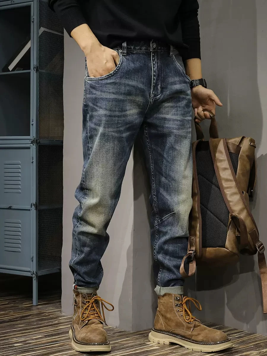 Italian Vintage Fashion Men Jeans High Quality Retro Blue Elastic Slim Fit Ripped Jeans Men Casual Designer Denim Pants Hombre