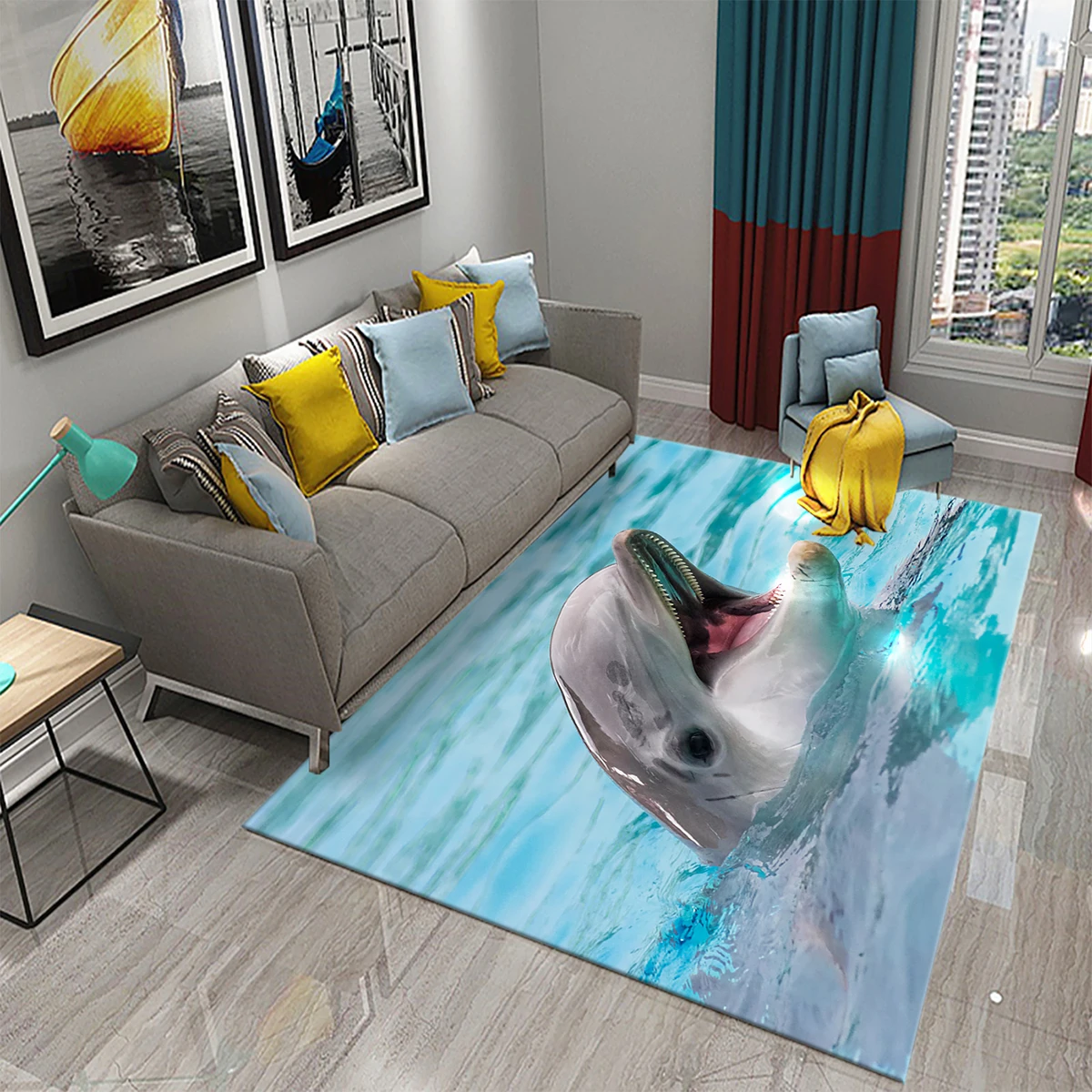 Blue Dolphin Carpet Ocean Cute Animal Theme Area Rug Non Slip Mat Absorbent Carpet Living Room Bedroom Bathroom Sofa Floor Mat