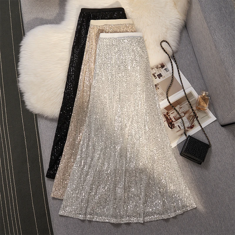 

iny Sequin A-Line Midi Skirt Spring Autumn Design Fi Tail Ele Long Over-Knee Mid-Length Wrap Body Skirt Korean Sle