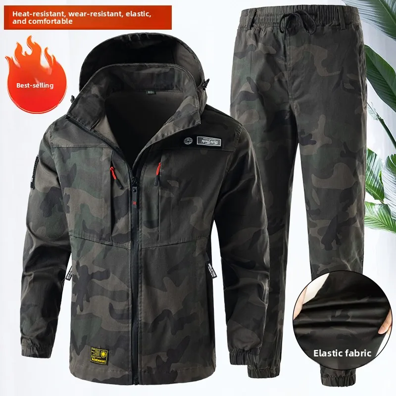 

Комплект рабочей одежды из чистого хлопка для весны и осени, камуфляжный, эластичный, устойчивый к ожогам и износу, для авторемонта и строительных площадок