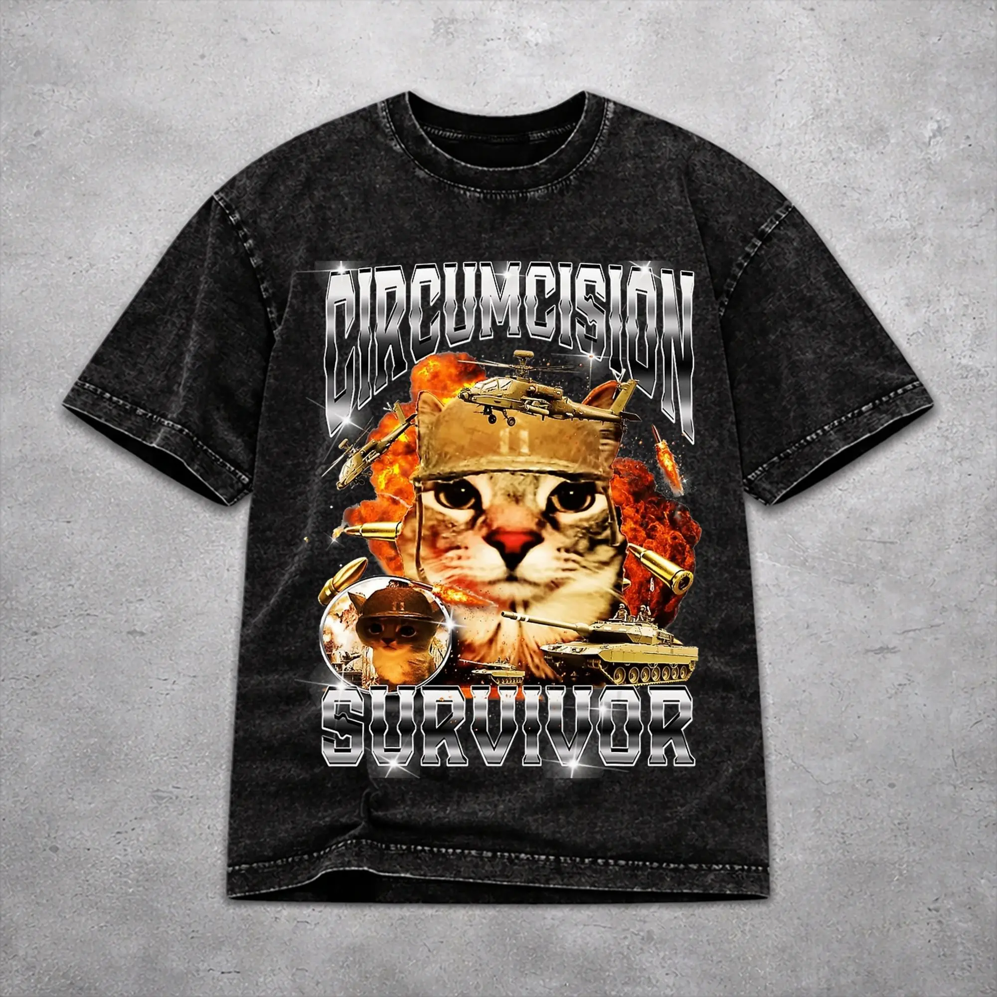 Men Women Vintage Washed T-shirts Circumcision Survivor Funny Cat Meme  Print Shirt Apparel Harajuku  Tee Shirts