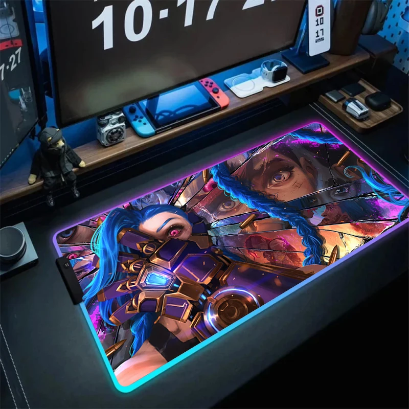 League of legend RGB Gaming Mouse Pad Jinx Mousepad Large Cool Keyboard Desk Carpet Game Rubber antiscivolo LED Mouse Mat Gamer Xxl