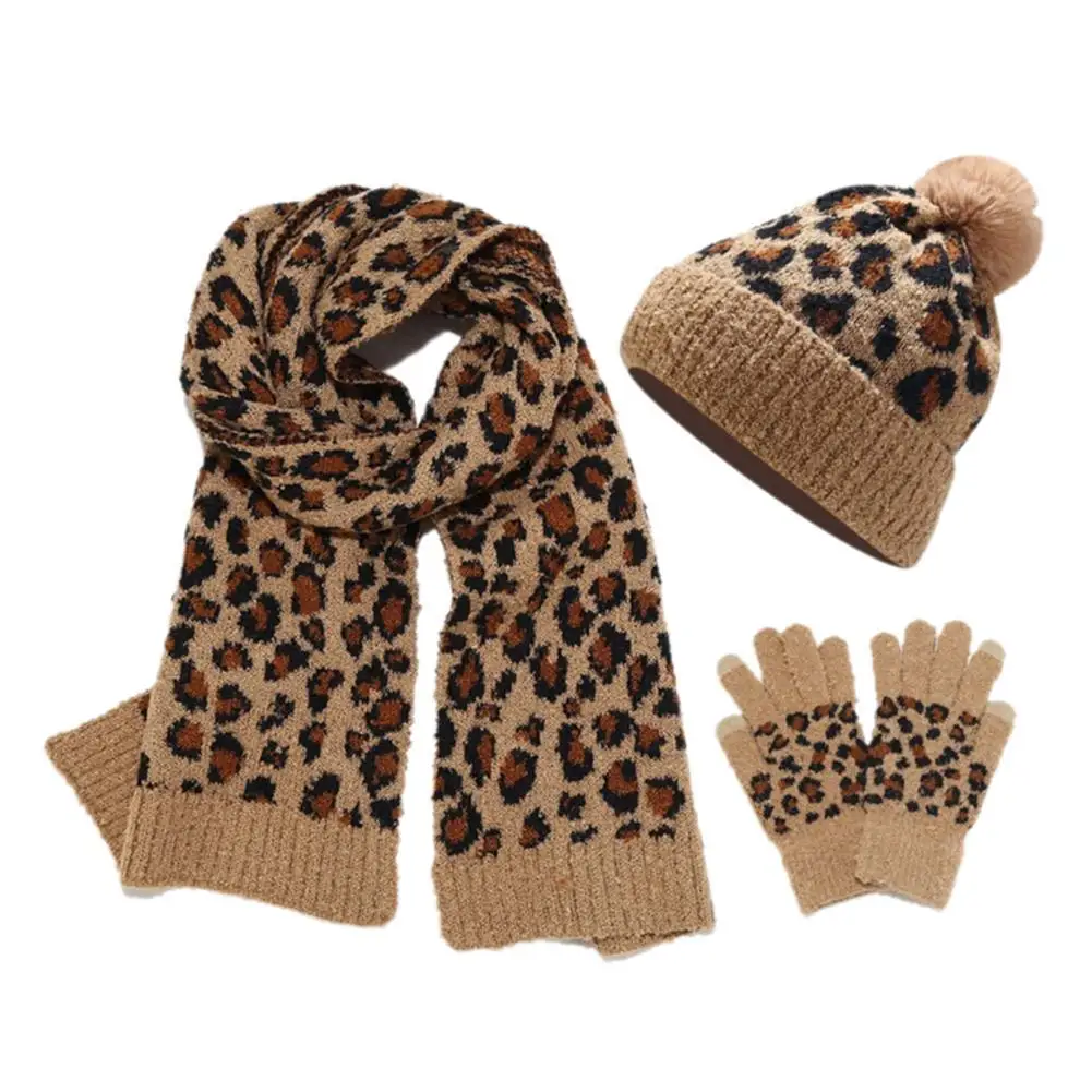 Leopard Print Knitted Hat Scarf and Gloves Set for Women Keep Warm and Stylish cold resistant Winter Accessories