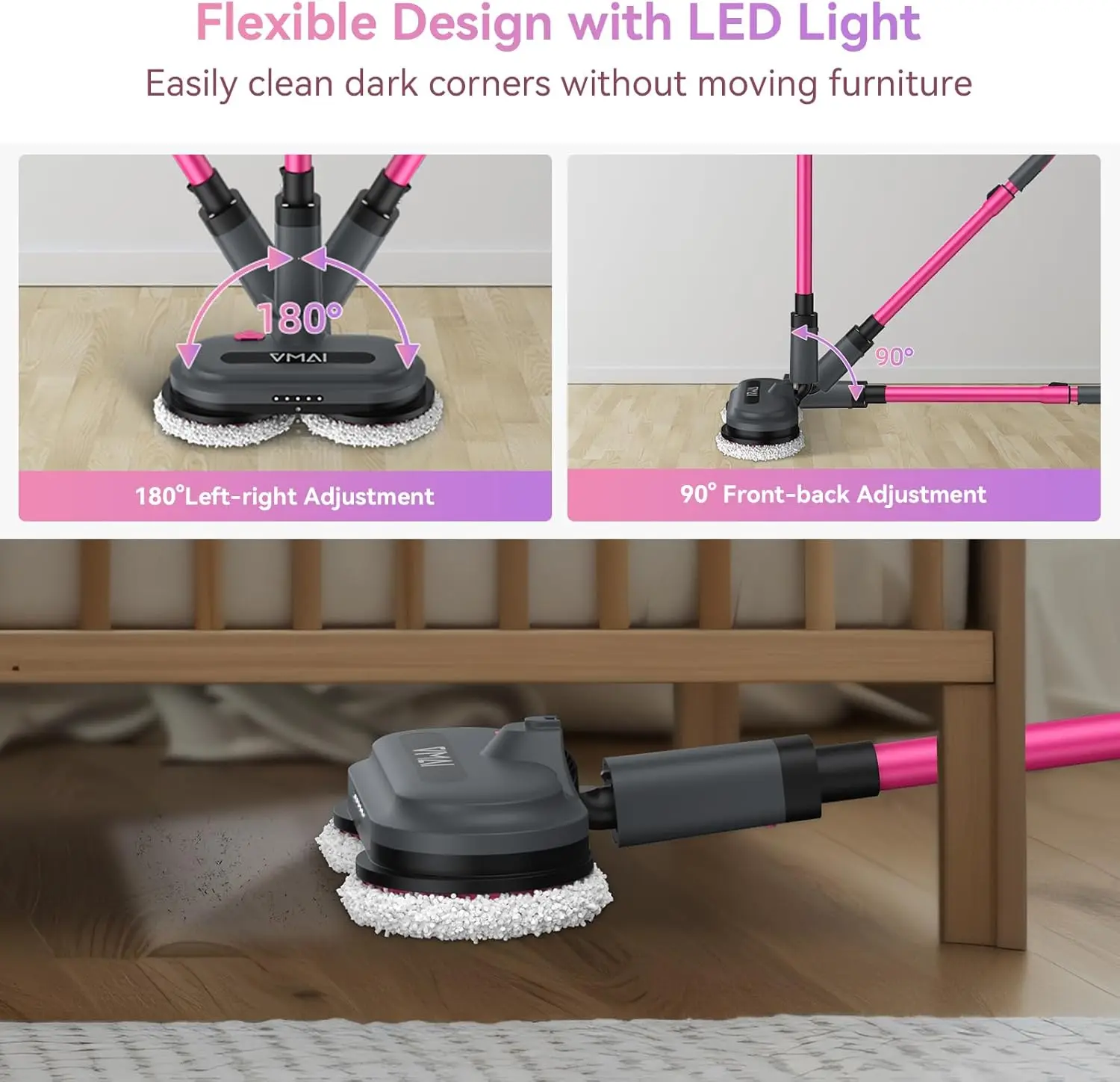 Mocio elettrico senza fili per la pulizia dei pavimenti, mocio rotante con spruzzatore d'acqua con serbatoio dell'acqua da 300 ml, illuminazione a LED e batteria rimovibile, fino a 6