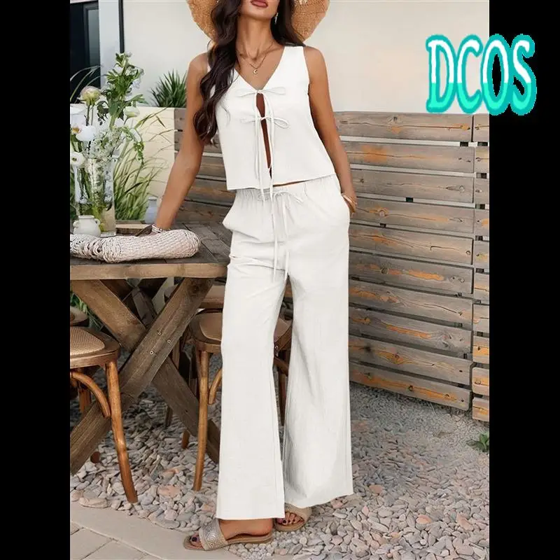 

DCOS-Womens 2 Piece Outfits V Neck Tie Waist Vest And Wide Leg Casual Pants Sets