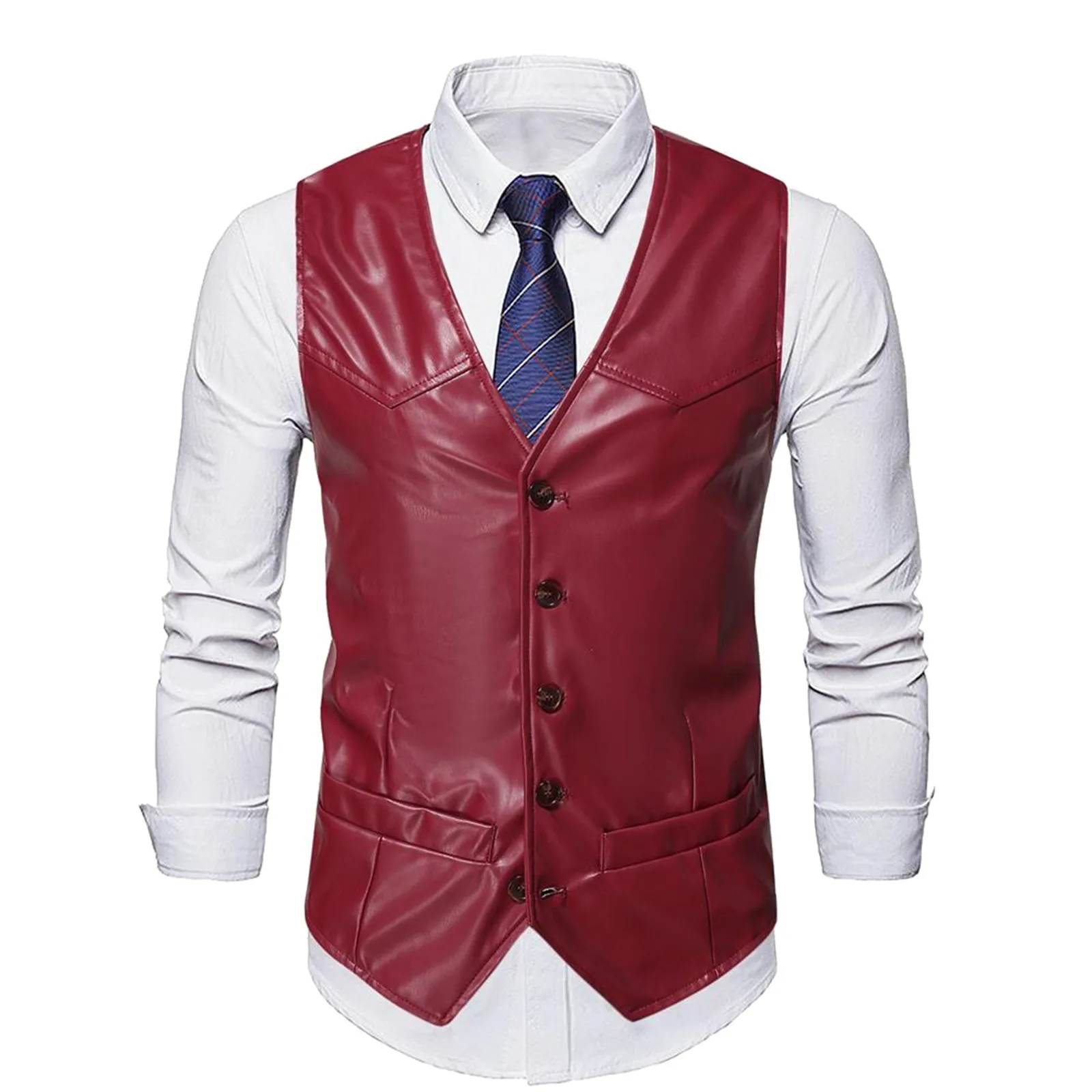 Men\'s Retro PU Leather Vest For Male Formal Business Suit Vest Autumn Fashion Men Stylish Steampunk Vest Black Brown Waistcoat