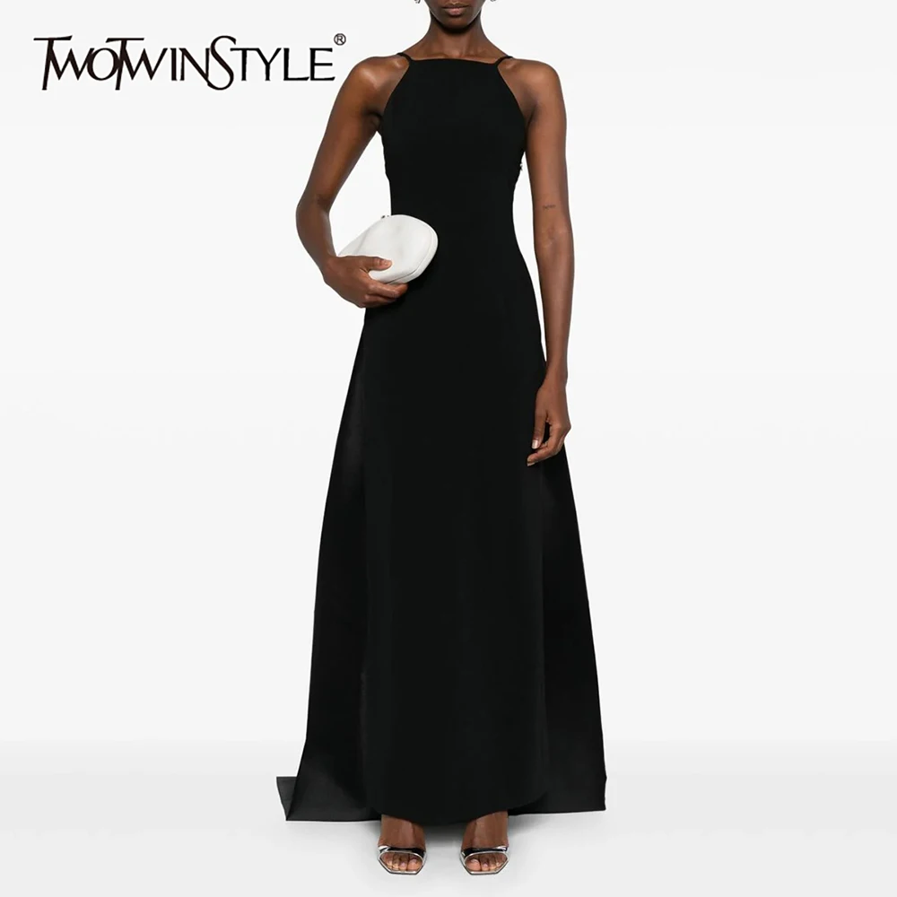 TWOTWINSTYLE Black Spliced Tail Temperament Long Dresses for Women Square Neck Sleeveless Tunic Minimalist Dress Female Clothing