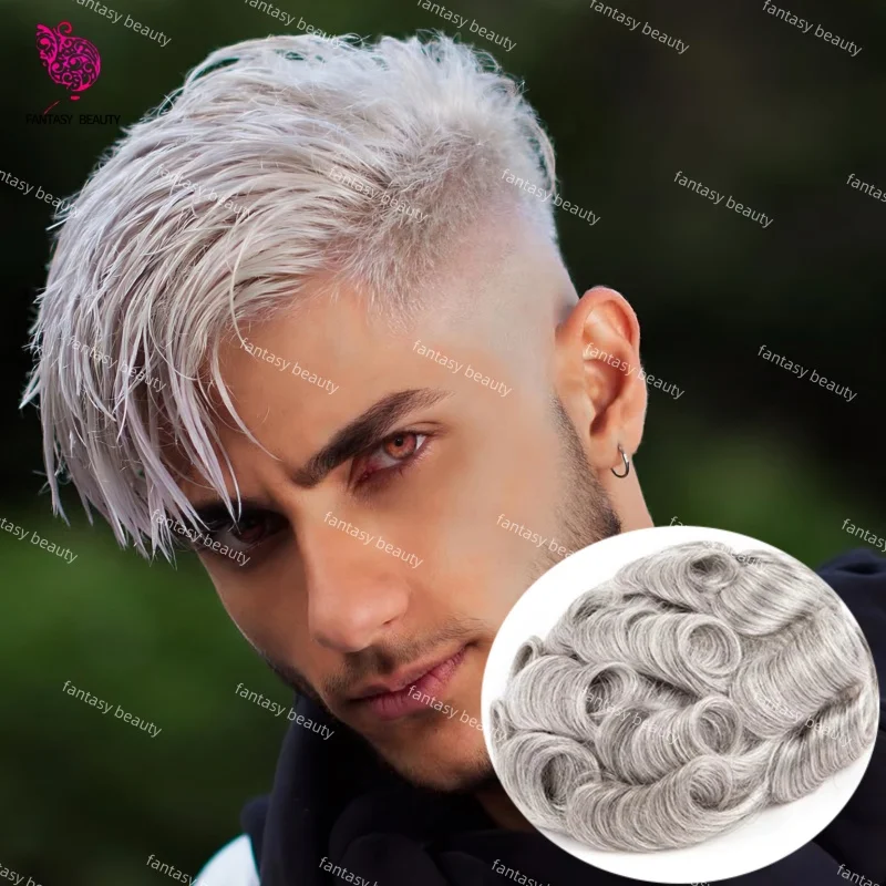 

Undetectable #1B80#1B65 Durable Human White black gray Hair Men Toupee 0.03MM PU Invisible Hairline Hair System Unit for Men