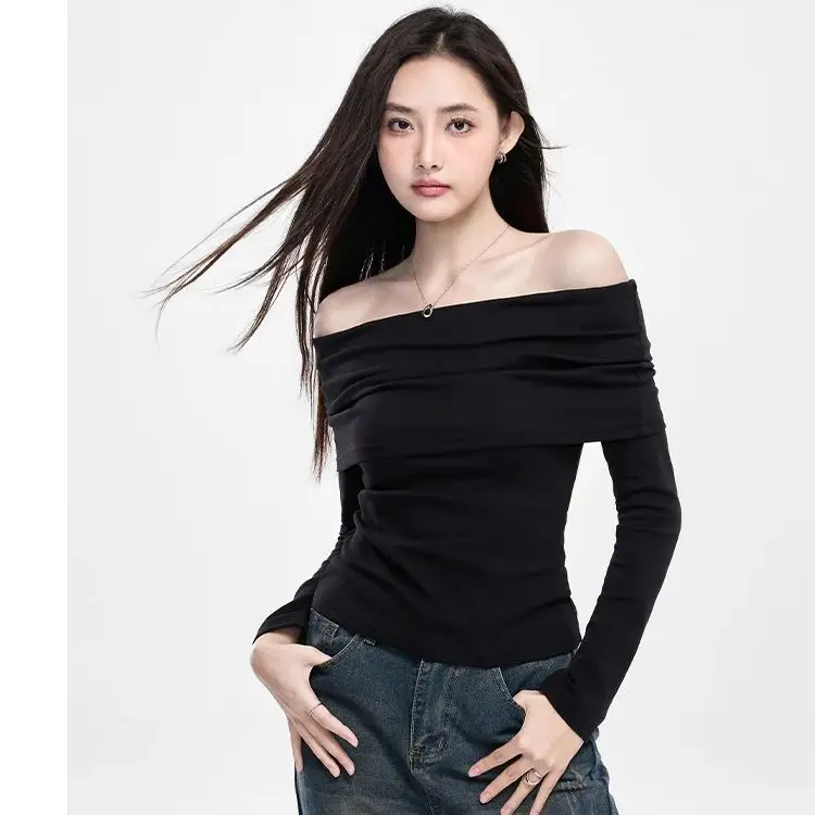 One- Shoulder Black Strapless Bottom Women Autumn Winter Long Sleeve Knitted Thread Slim Slimming Top Slim Soft