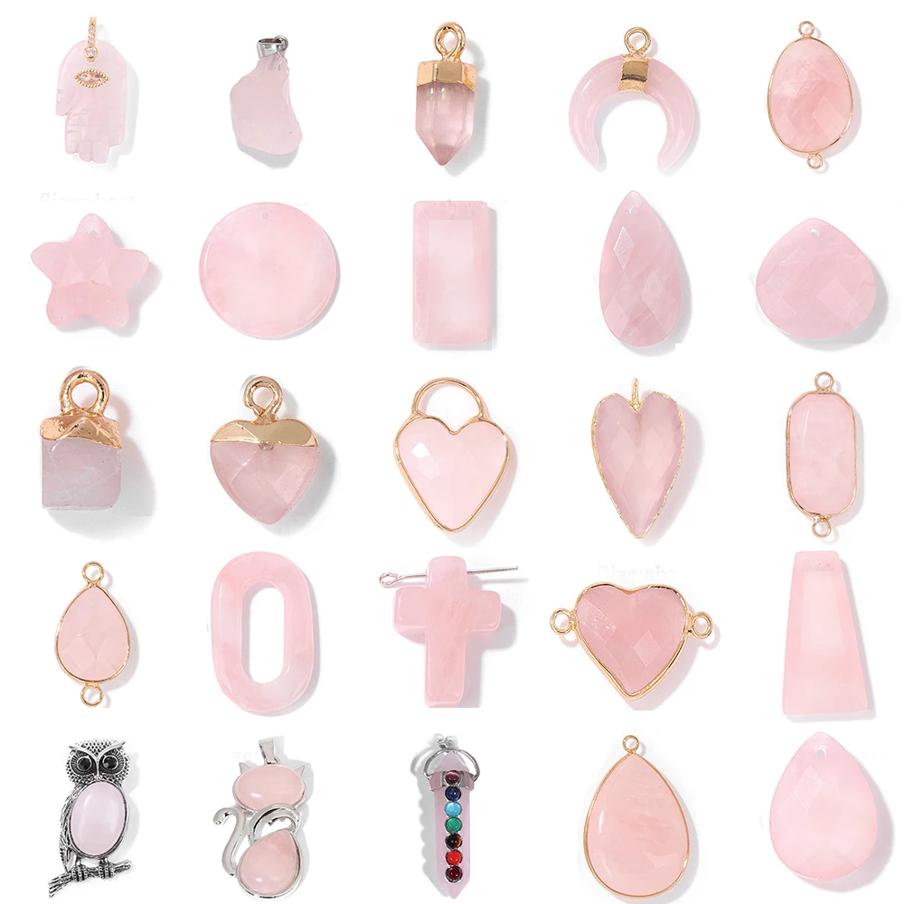 

Natural Stone Rose Quartzs Pendant Pink Crystal Heart Fatima Hand Water Drop Charms For Making DIY Necklace Jewelry Accessories