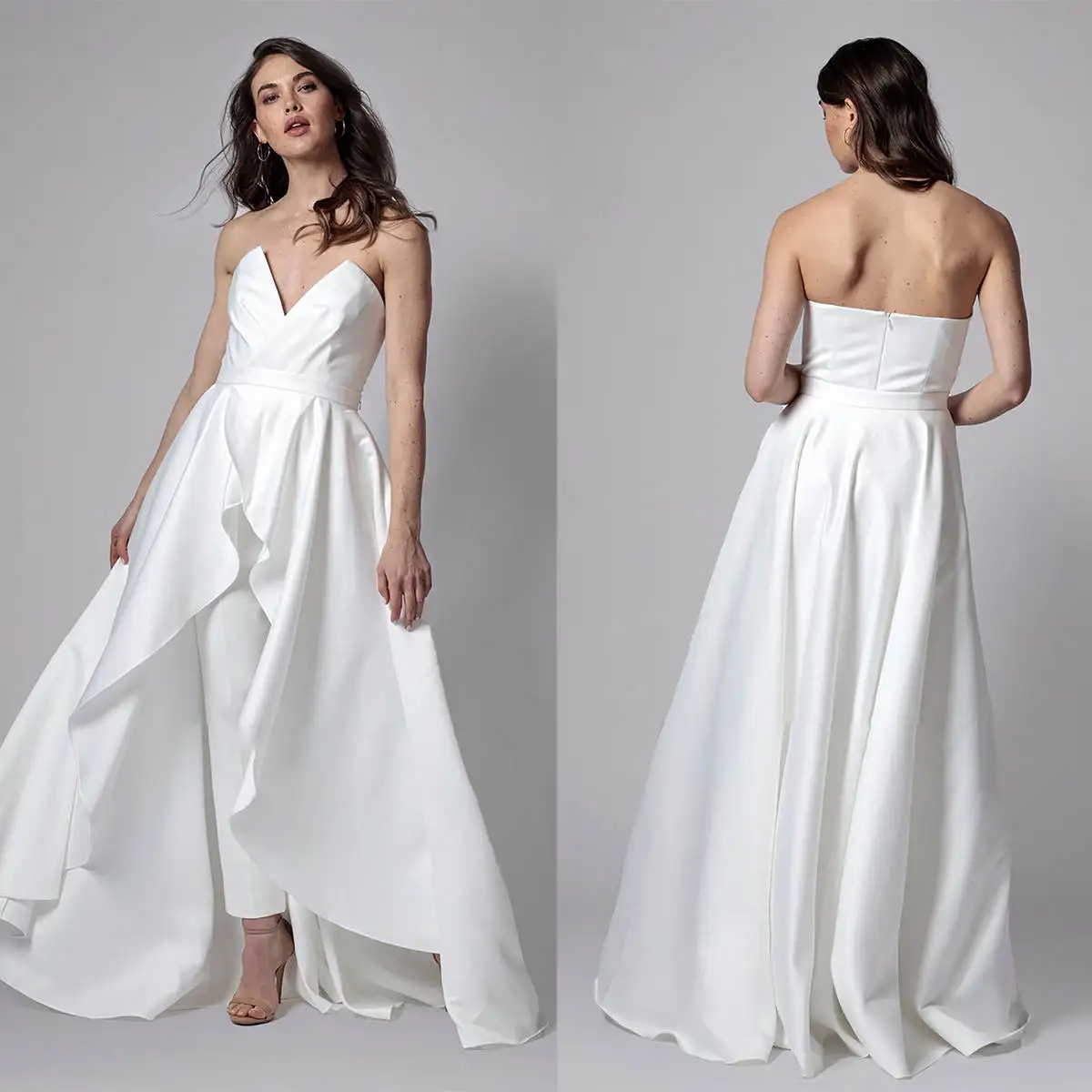 Modern Evening Dress Jumpsuits V Neck Strapless Sleeveless Jumpsuit Bride Pant Suit Detachable Sweep Train Custom Made