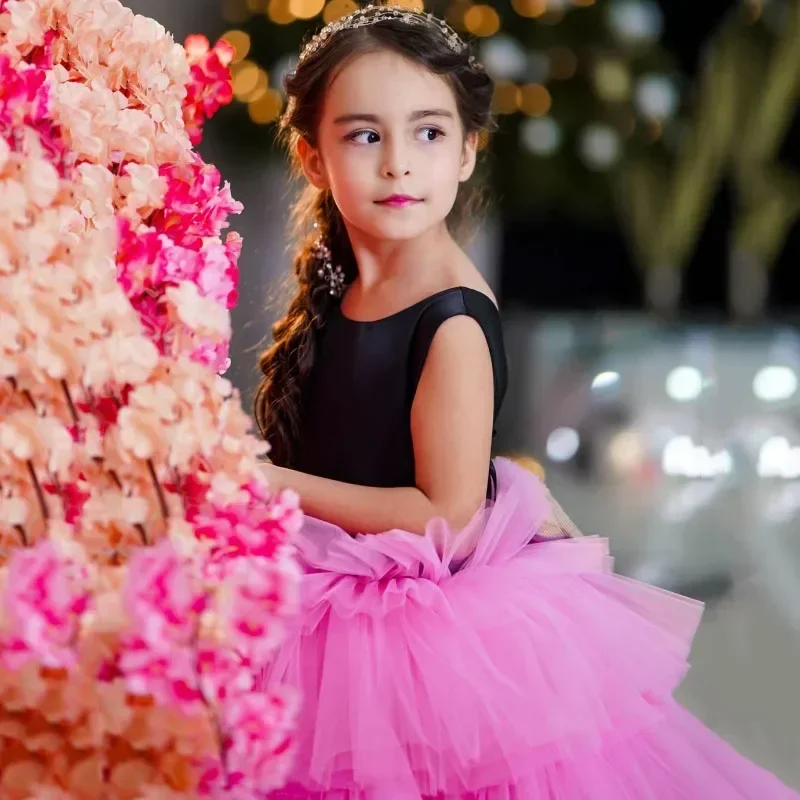 Customized Flower Girl Dresses Black PinkTulle Tiered With Bow Sleeveless For Wedding Birthday Banquet Banquet Princess Gown