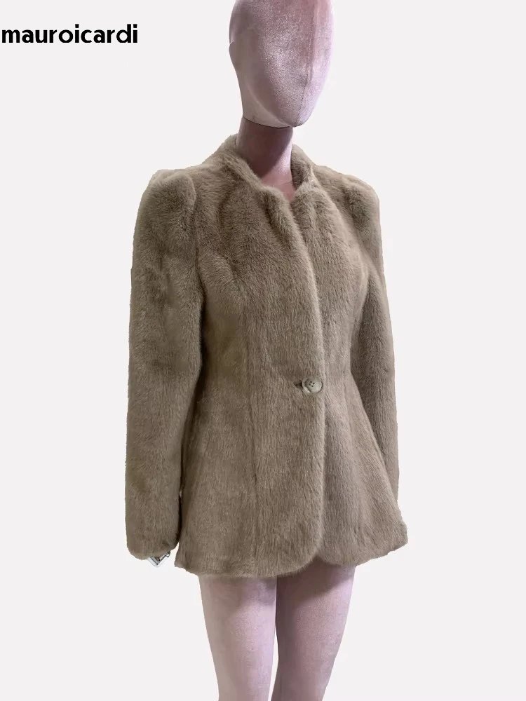 Mauroicardi Winter Elegant Luxury Short Fitted Thick Warm Soft Skirted Faux Mink Fur Coat Jacket Women with Long Puff Sleeve