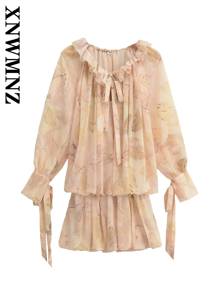 

XNWMNZ 2025 Summer New Lady Fashion boho Bow Collar Long Sleeve mini Pleated dress Casual Holiday Woman's Ruffle Floral Dresses