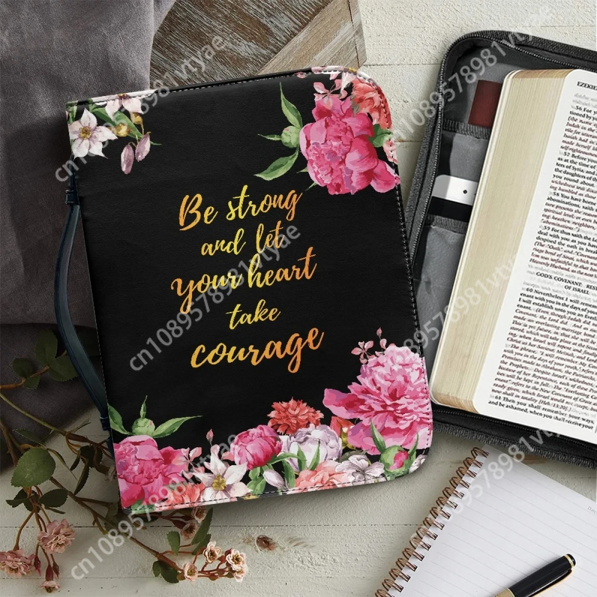 

Pretty Floral Bible Verse Print Women's Christian Bags Be Strong and Let Your Heart Take Courage Words Bible Carrying Bags 2023