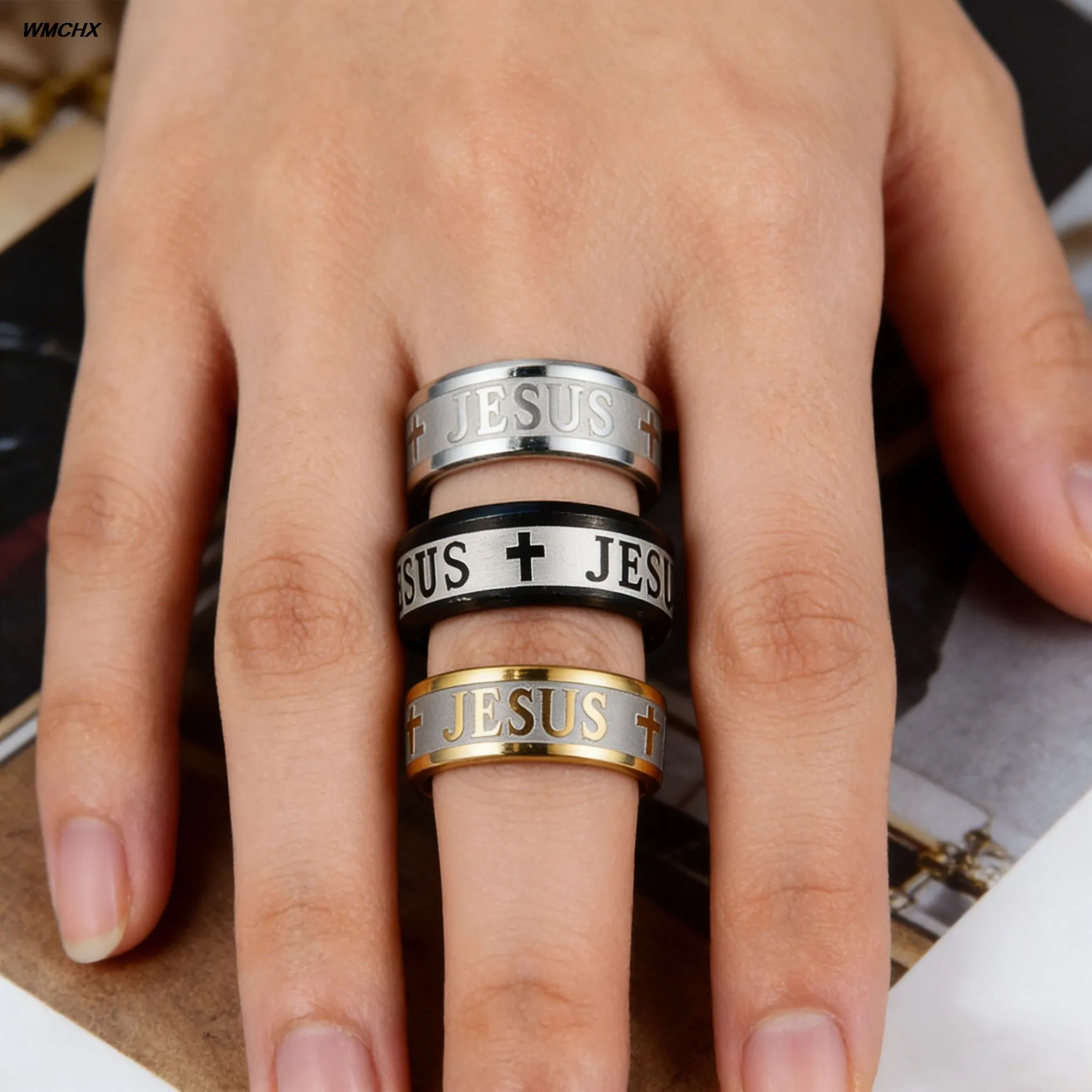 WMCHXNEW Black Gold  Silver Titanium Steel Jesus Rings Cross Prayer Letter Bible Wedding Band Ring Men Jewelry