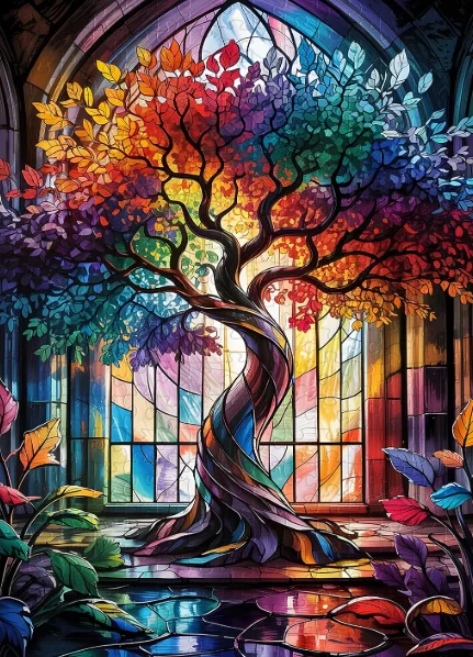 500/1000/1200/2000PCS Jigsaw Puzzle Vibrant Stained Glass Twisted Tree Colorful Leaves Hall Window Reflection Home Dec Gift